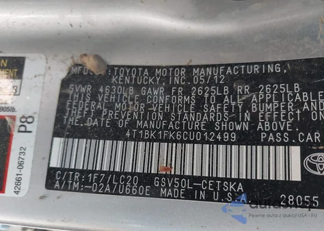 2012 Toyota Camry Se V6 из США, поврежденный, VIN 4T1BK1FK6CU012499